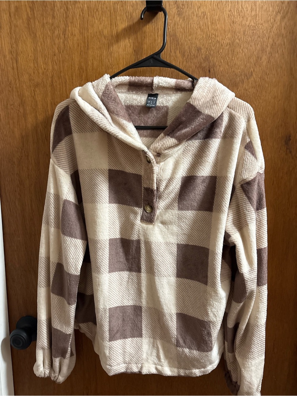 SHEIN Plush Hooded Pullover in Cream and Light Brown
